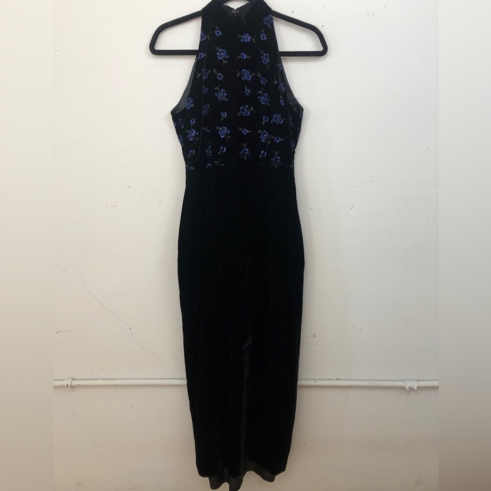 Black and Blue Velvet Floral Halter Dress size XS